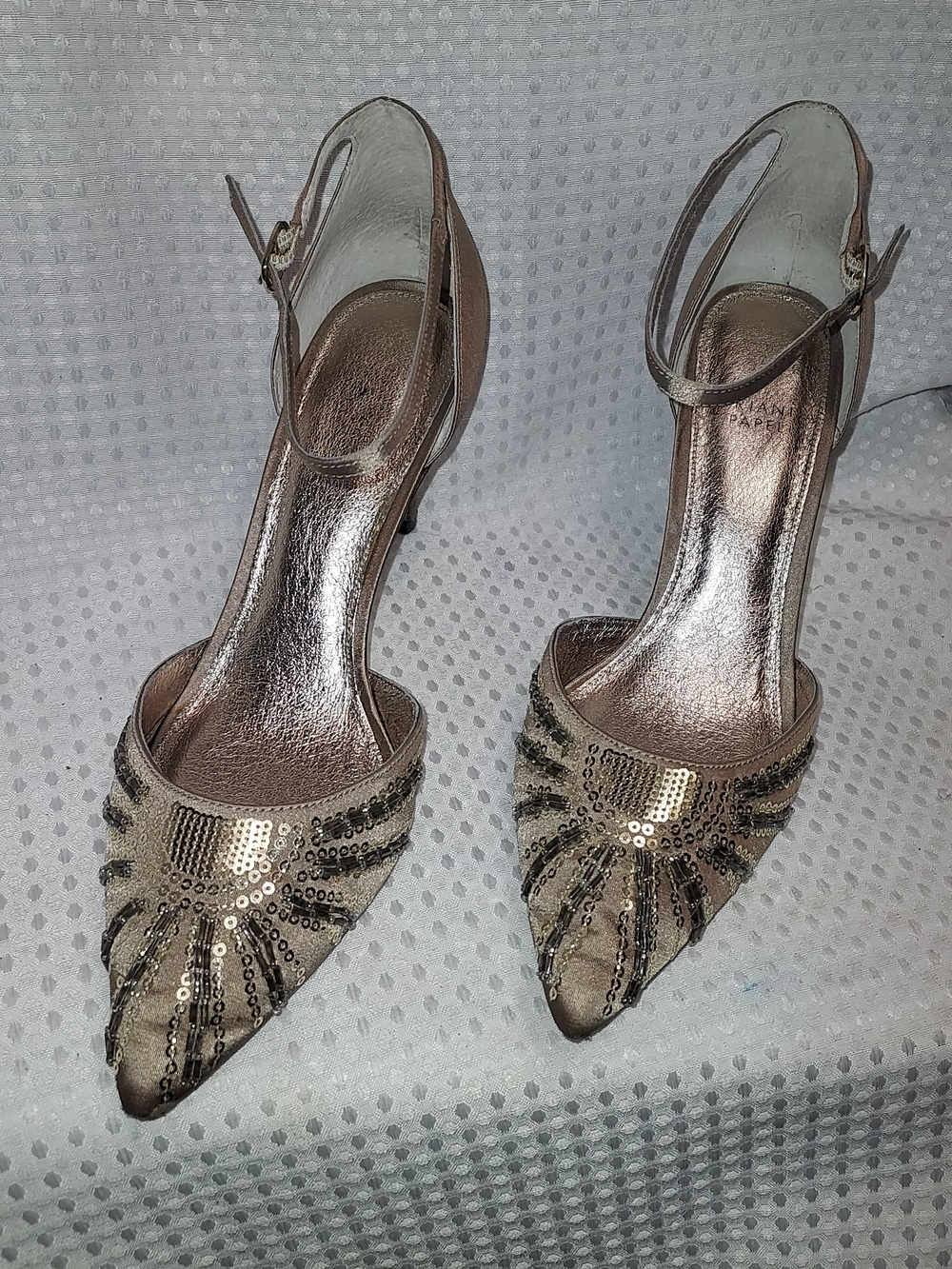 Women’s Sequin Pointed-Toe Slingback Heels in Brown  Satin Style